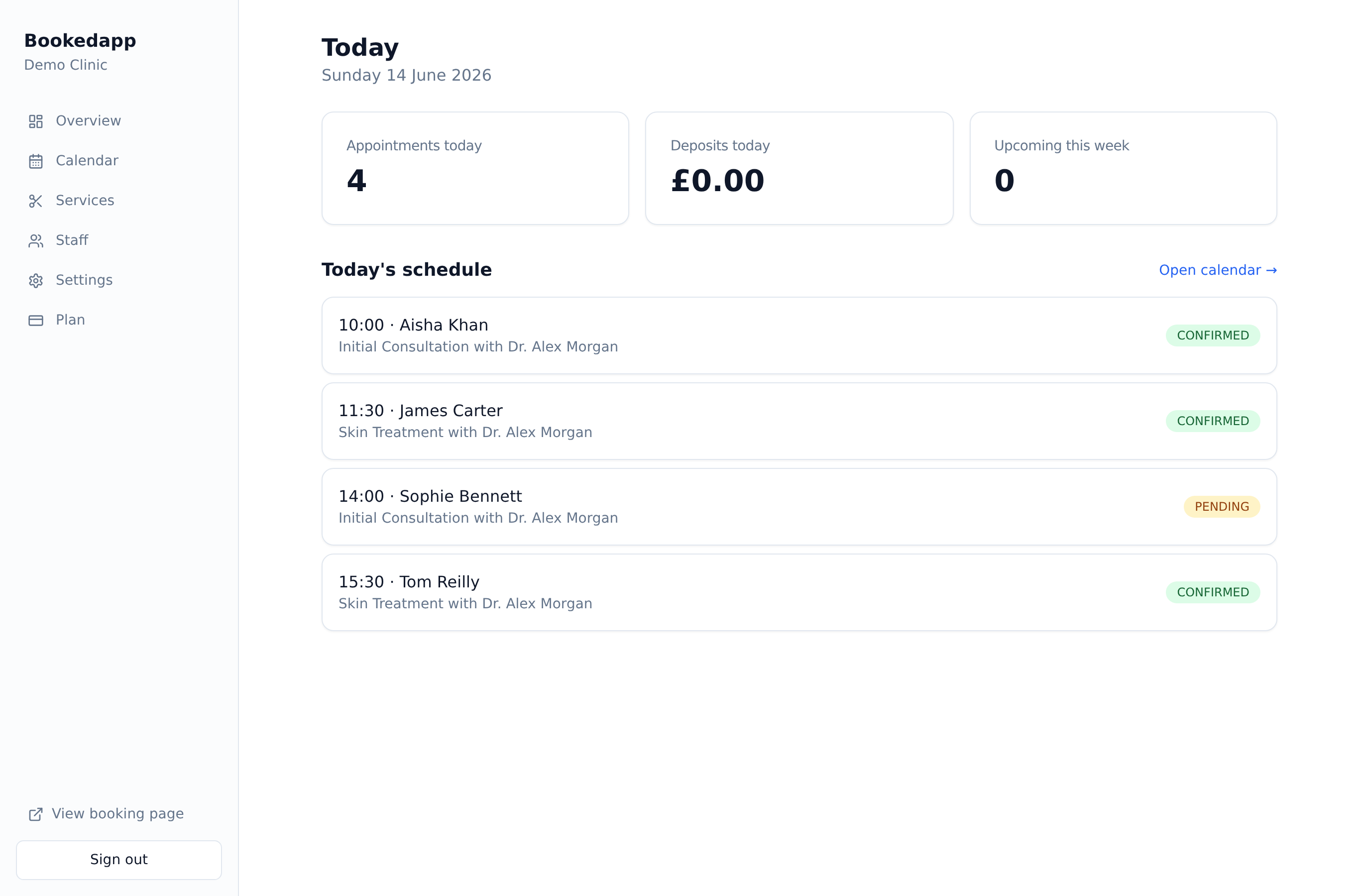 Bookedapp dashboard showing today's schedule